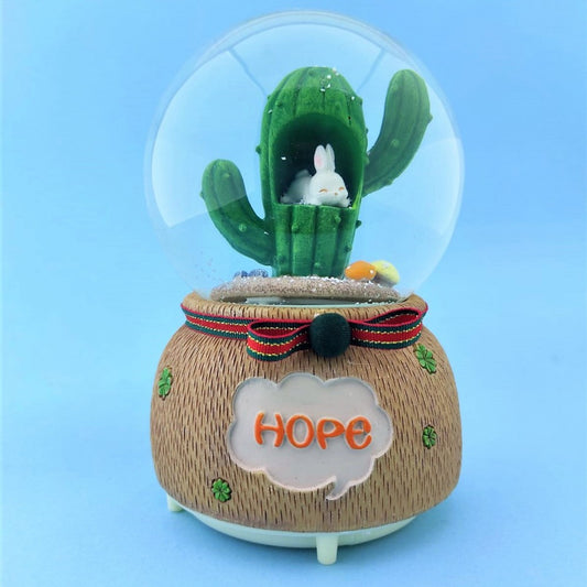 Cute Rabbit Inside Cactus Lighted Musical Large Size Snow Globe