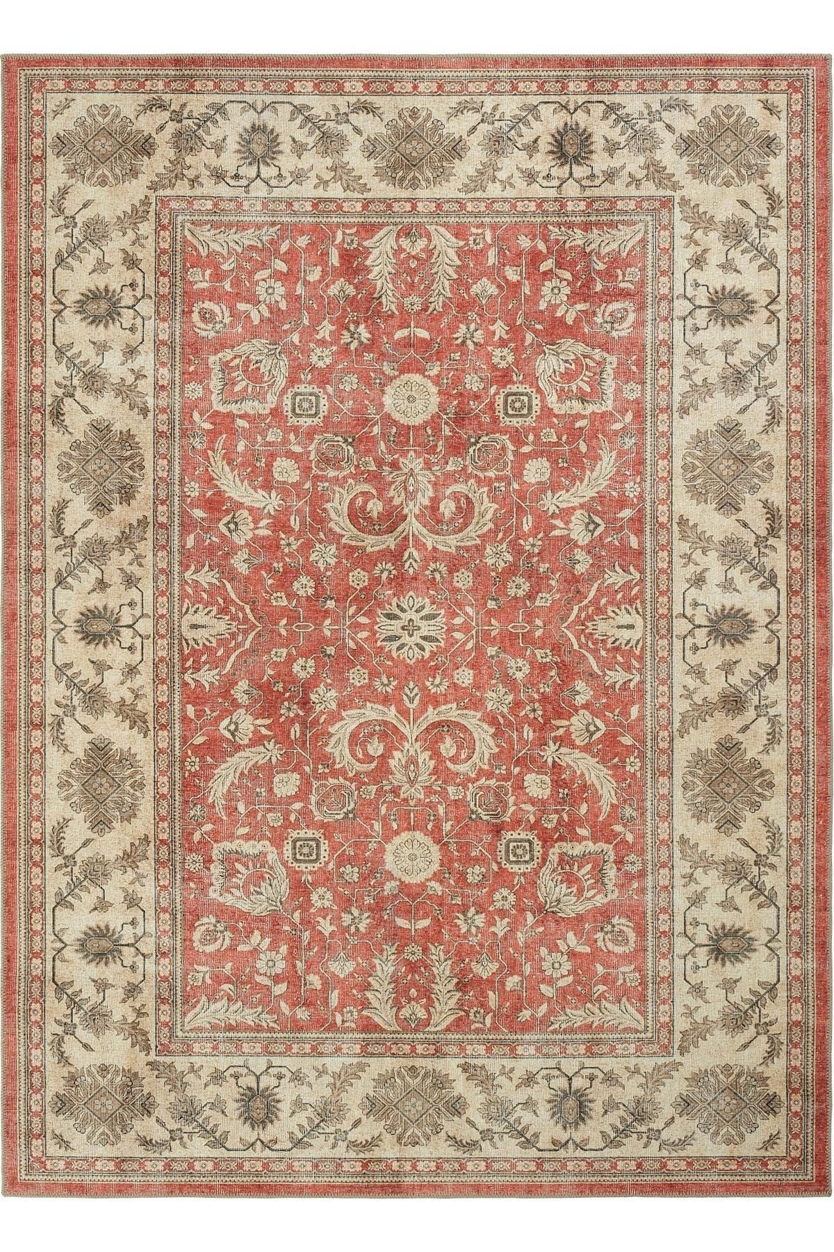 Brick Color Carpet Floor Mat Ethnic Pattern Authentic Chenille Carpet Washable Antique Vintage Living Room Carpet