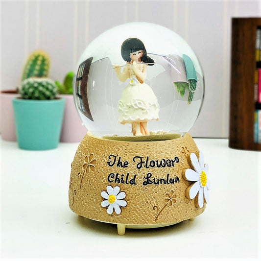Cute Girl Playing Flute Large Size Snow Globe with Light and Musical Spray