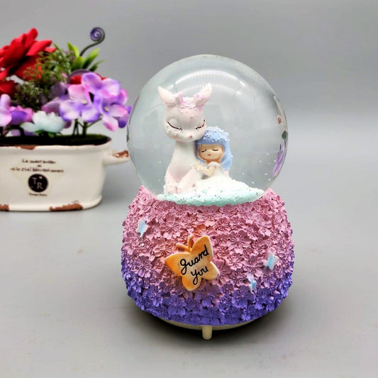 Unicorn And Sleeping Cute Girl Light Musical Spray Big Size Snow Globe