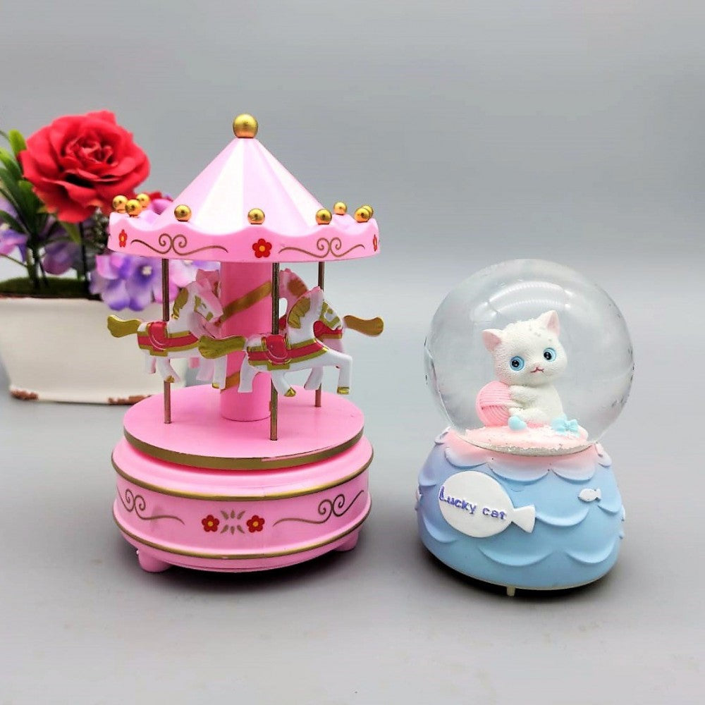 Cute Cat Lighted Musical Medium Size Snow Globe And Carousel Music Box Gift Set