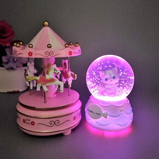 Cute Cat Lighted Musical Medium Size Snow Globe And Carousel Music Box Gift Set