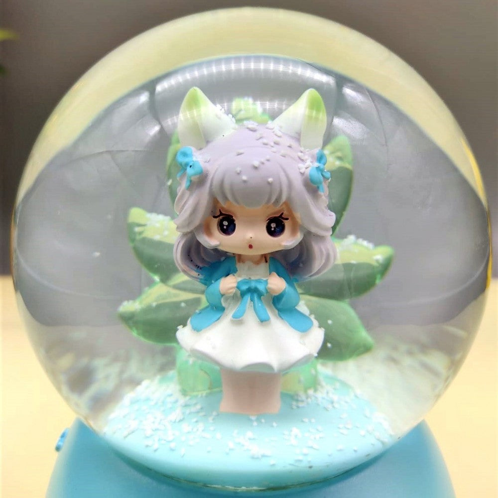Cute Little White-haired Girl Blue Color Lighting Musical Spray Big Size Snow Globe