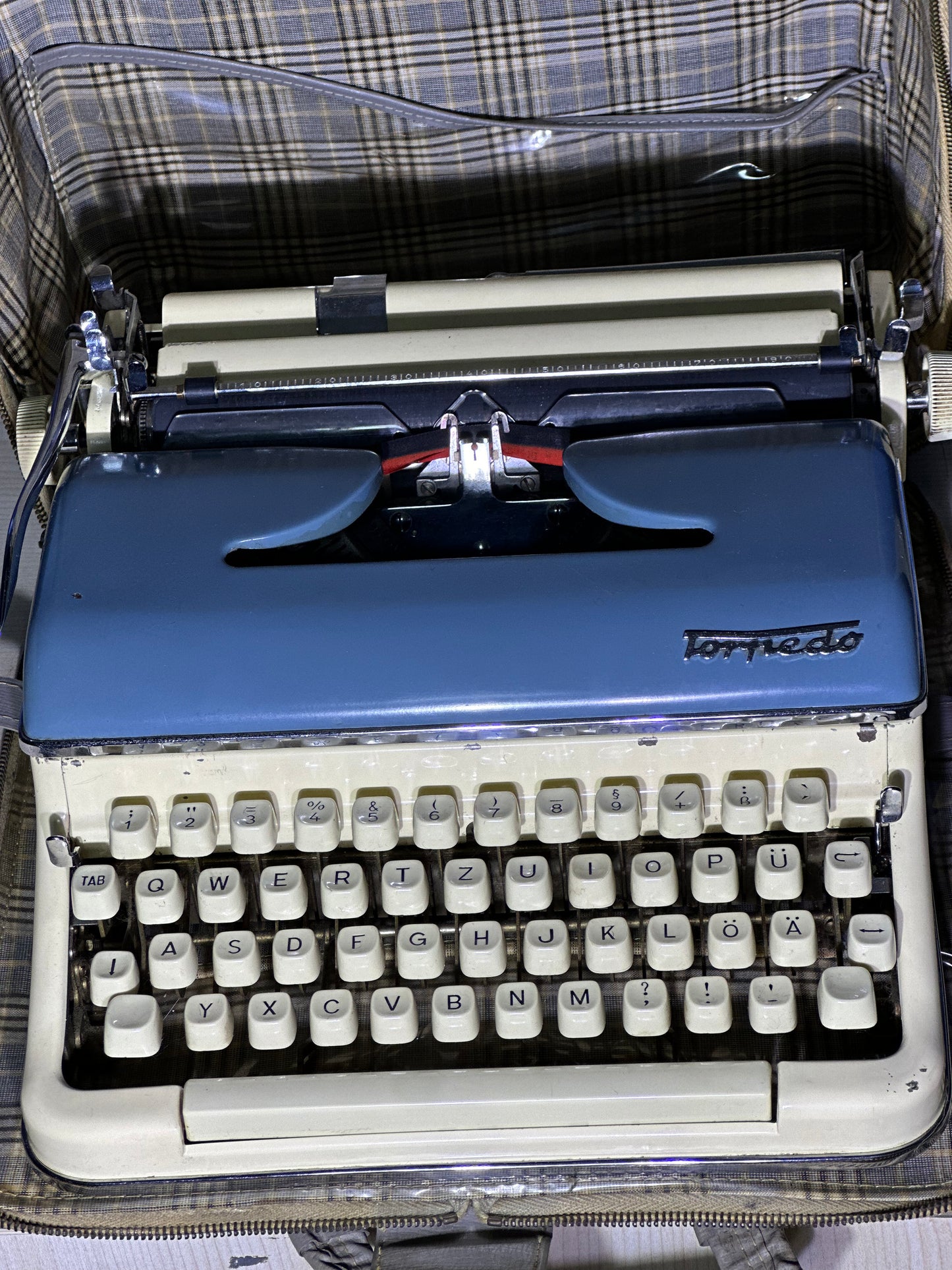 1950's Torpedo 18b Portable Typewriter, Beige and Blue Double Color Working Condition with Original Bag