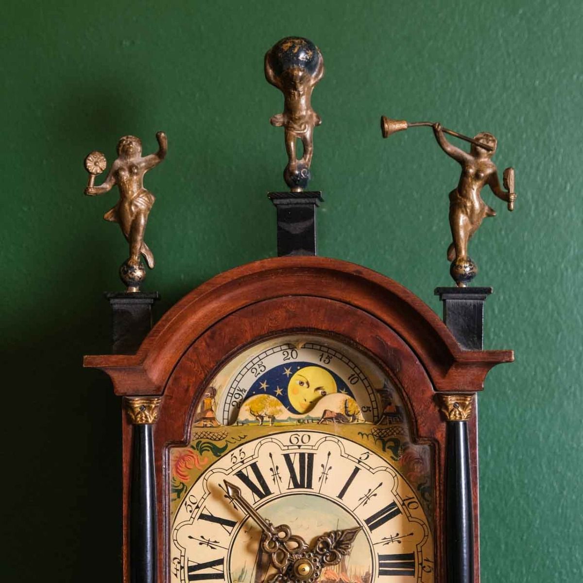 Antique Dutch Clock,Antique Dutch wall clock with lunar calendar and winding chain