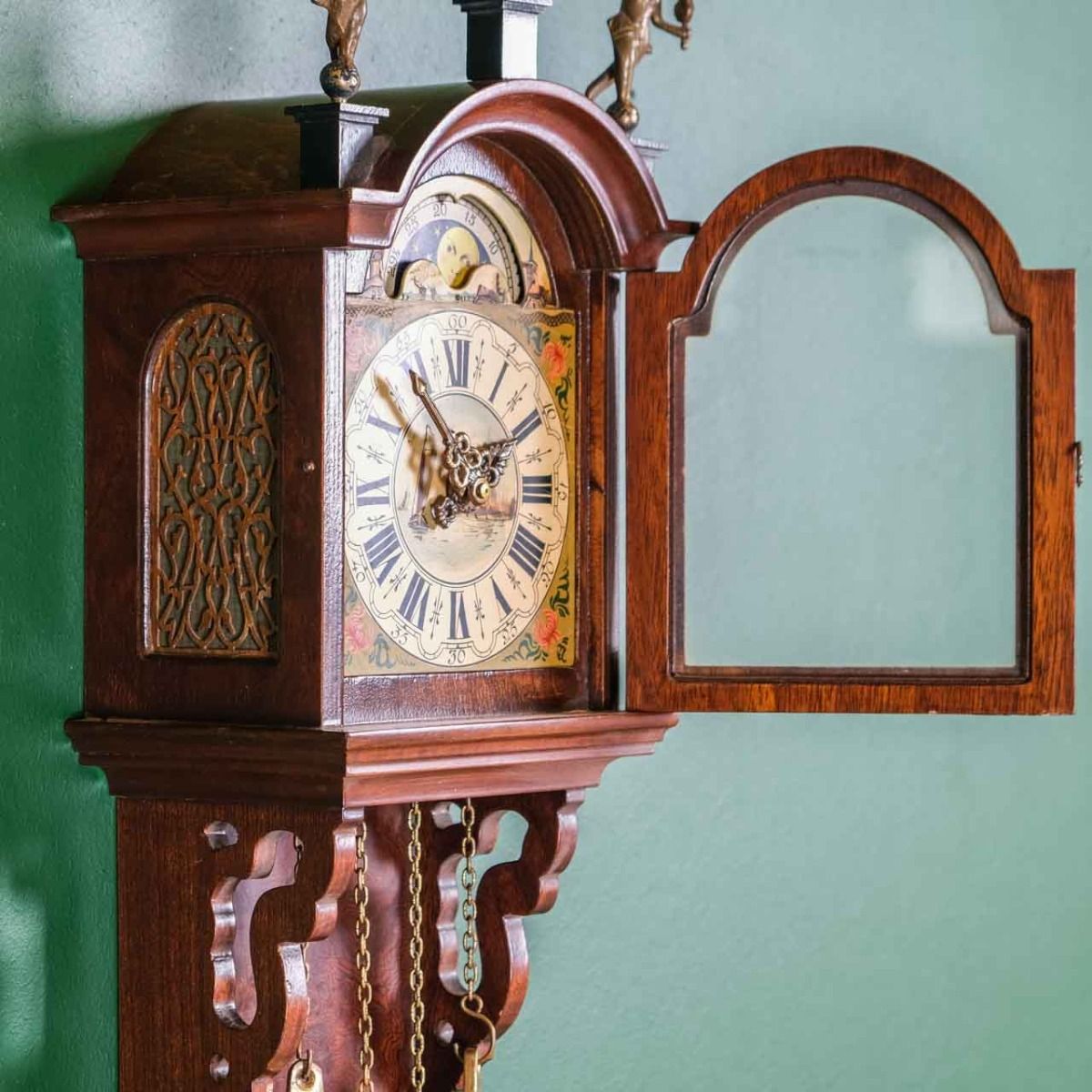 Antique Dutch Clock,Antique Dutch wall clock with lunar calendar and winding chain