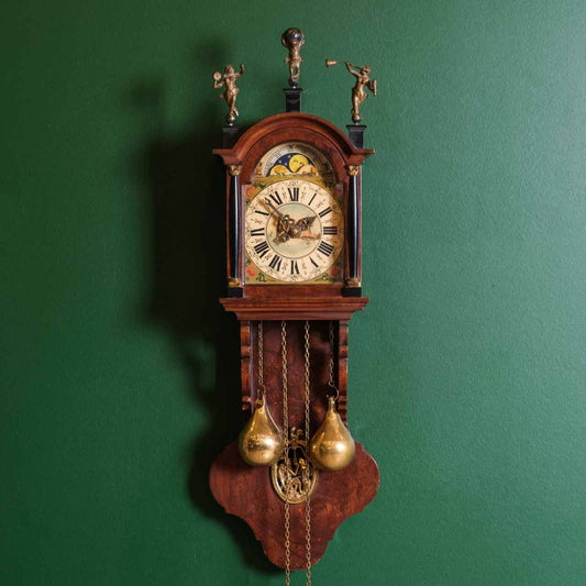 Antique Dutch Clock,Antique Dutch wall clock with lunar calendar and winding chain
