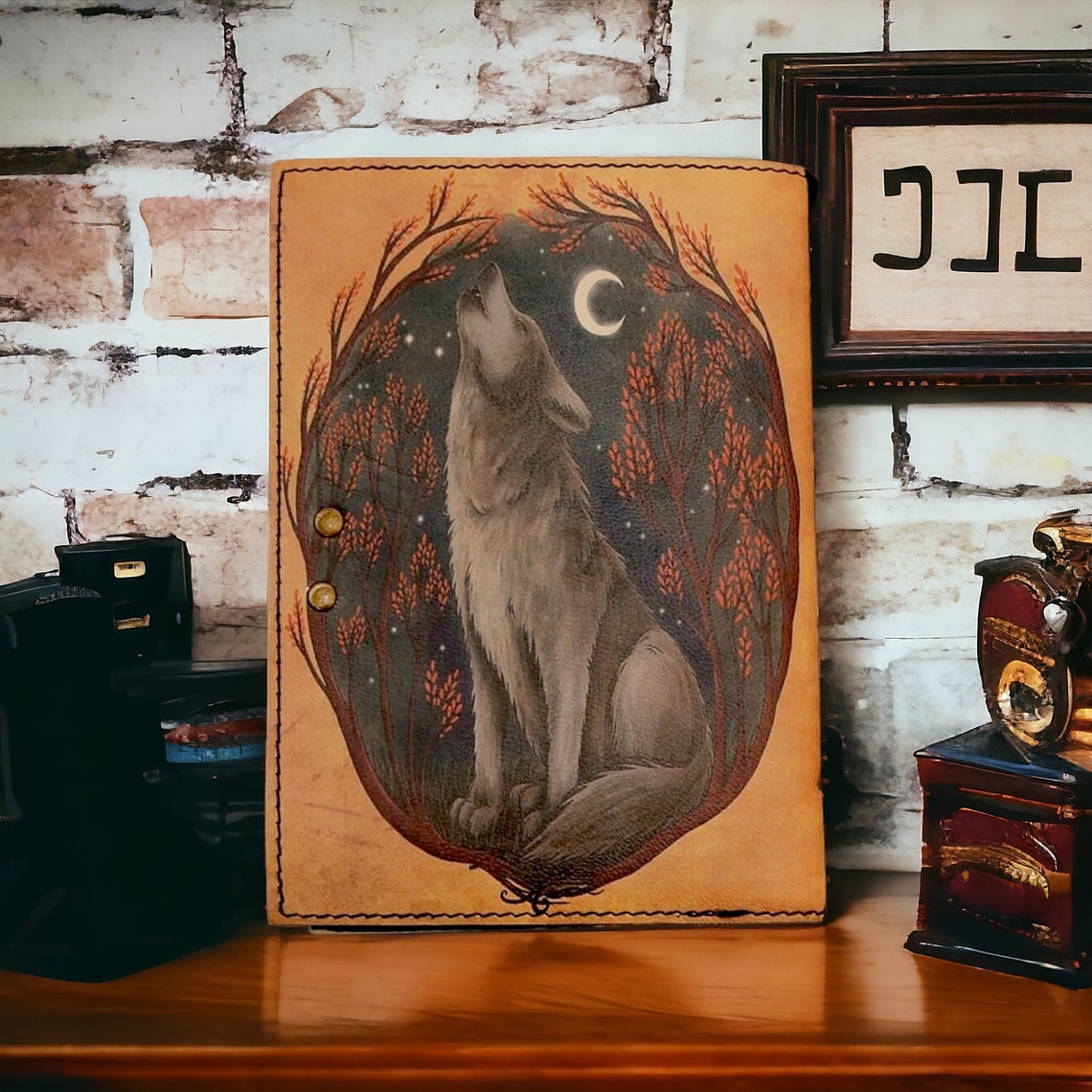 Wolf Vintage Leather Journal Grimoire Journal Wolf NoteBook Wolf SketchBook Handmade Journal Blank Spell Book of Shadows Gifts for Him Her