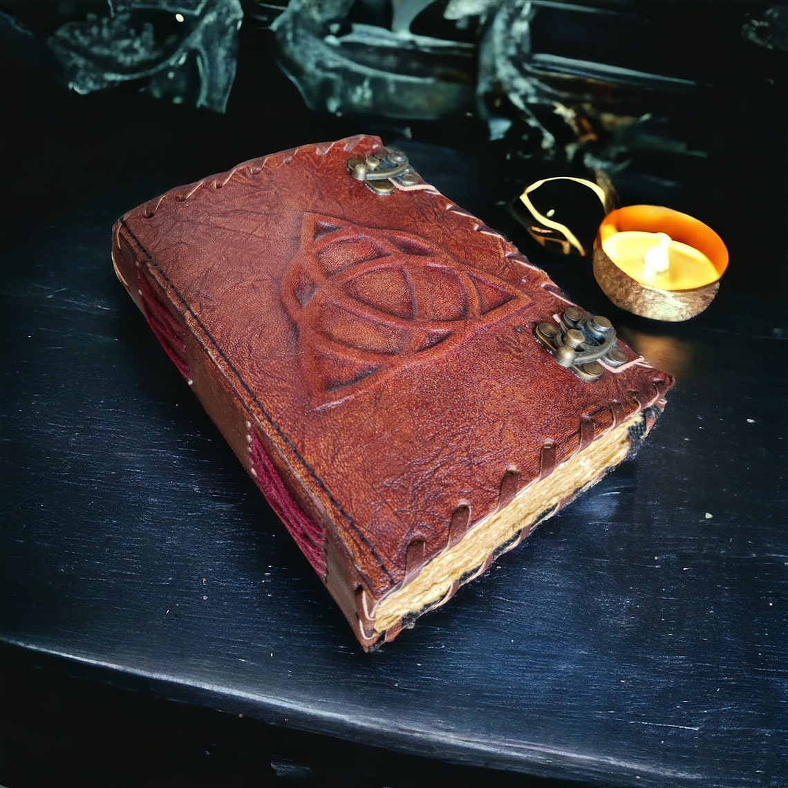 Triquetra Vintage leather Journal - Blank Spell Book of Shadows, Grimoire , Travel Writing Notebook, Antique Deckle Edge Paper - Best Gift