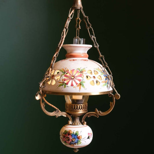 Vintage Ceramic Chandelier, French chandelier with brass and ceramic ornaments