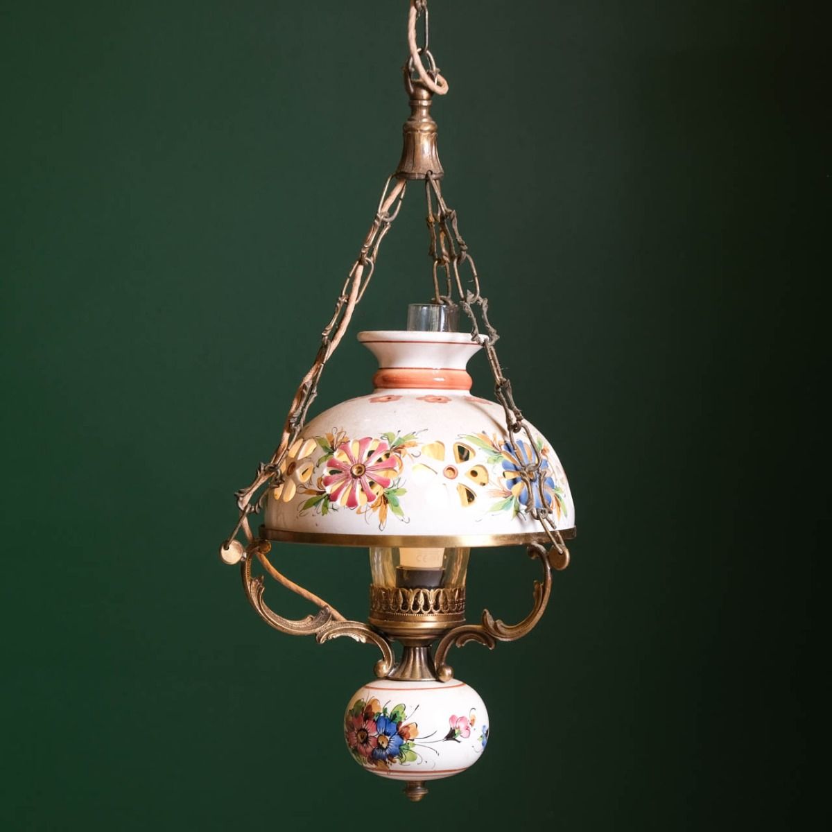 Vintage Ceramic Chandelier, French chandelier with brass and ceramic ornaments