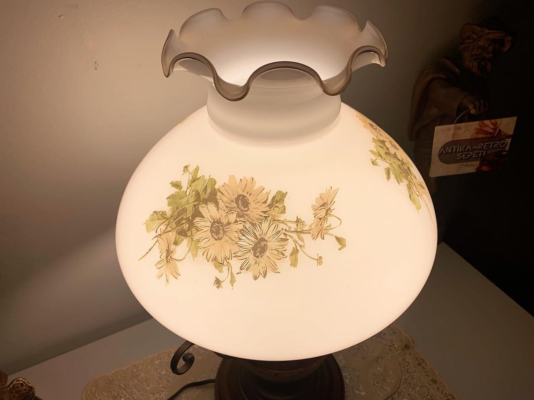 Antique French Wooden Pedestal White Glass Opalin Glass (Giant Size) Lampshade