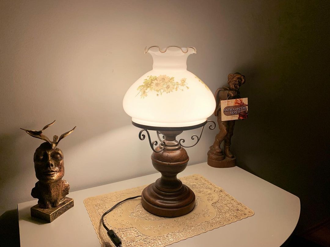 Antique French Wooden Pedestal White Glass Opalin Glass (Giant Size) Lampshade