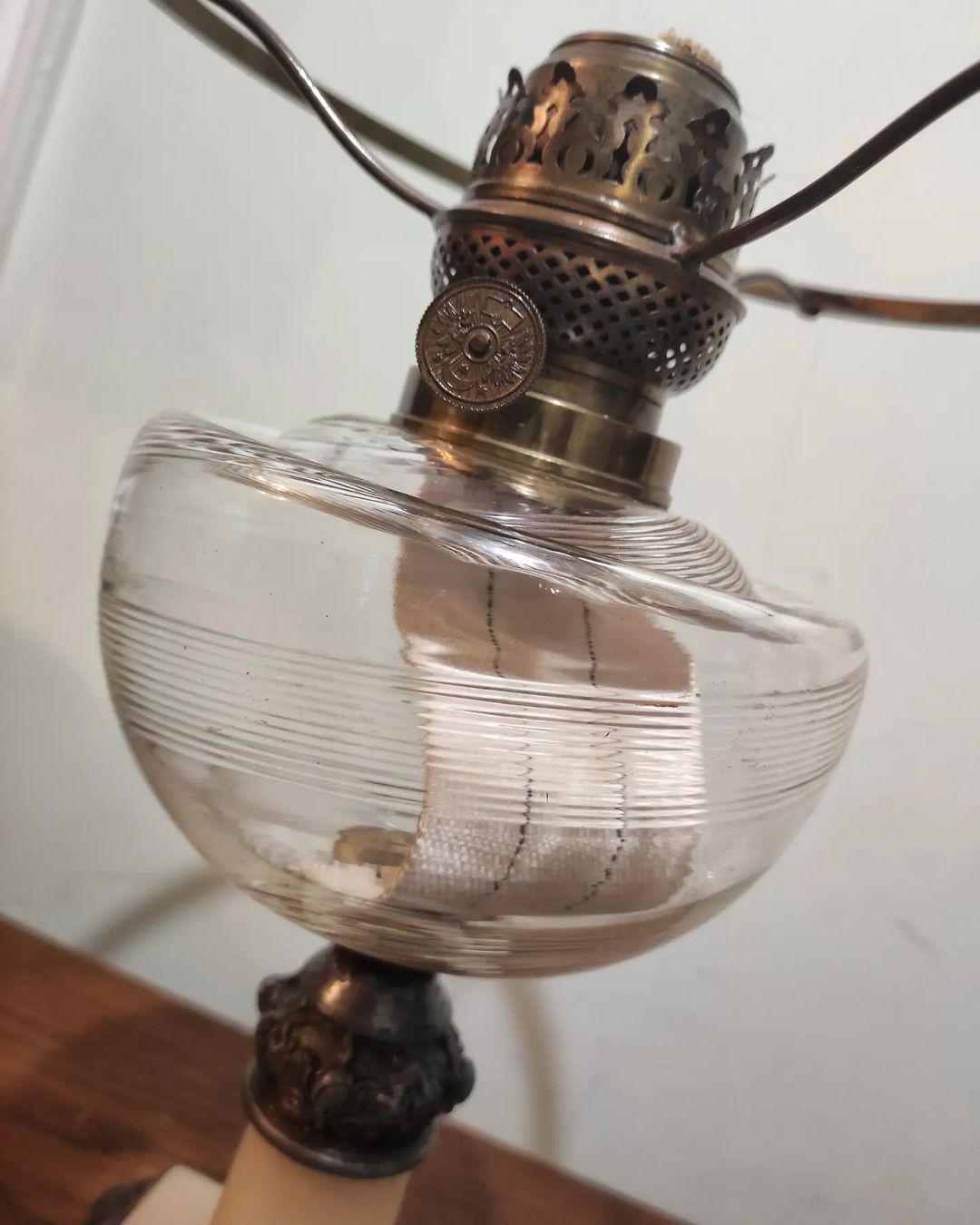 Stamped French oil lamp  Opalin headboard