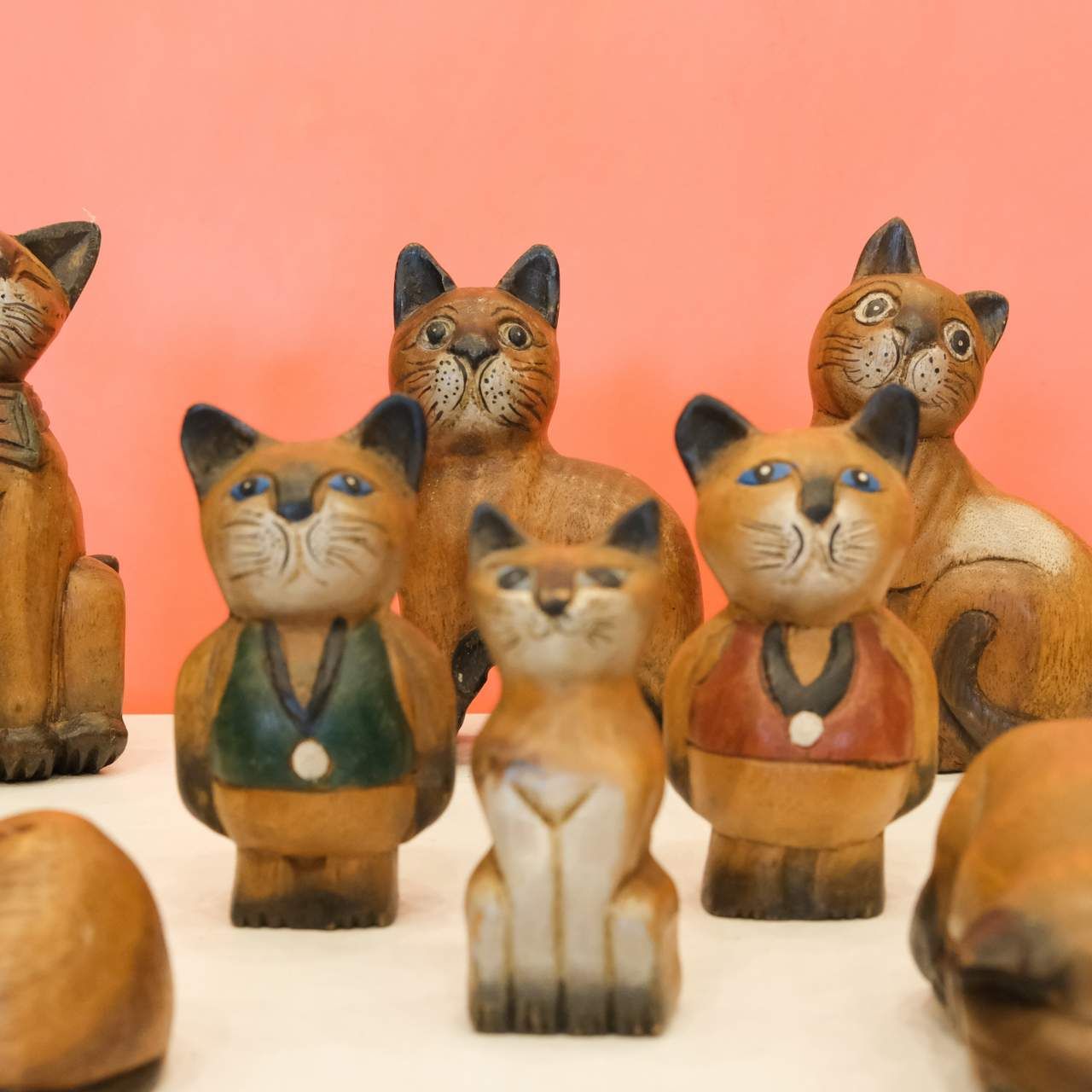 Wooden Cat Figurines Set (10 Pieces)