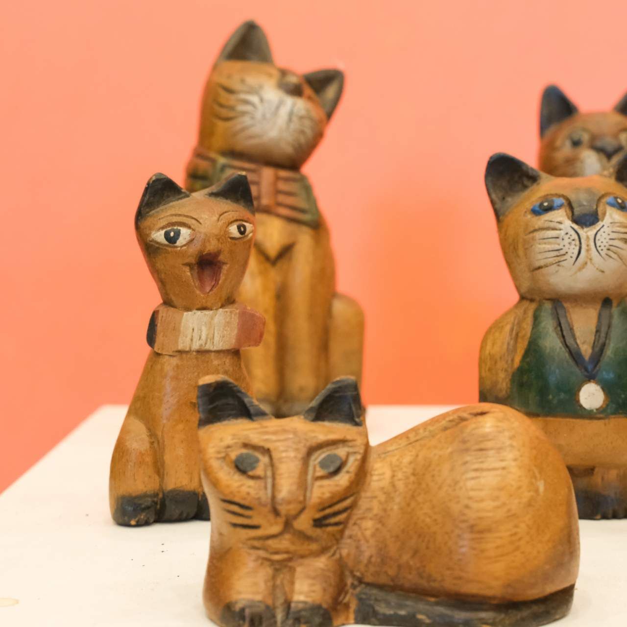 Wooden Cat Figurines Set (10 Pieces)