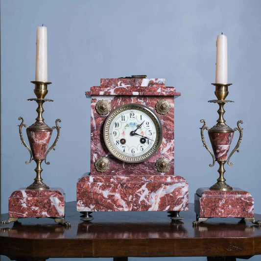 Antique Fireplace Clock, Set brass and marble Fireplace Clock with Candlesticks from France