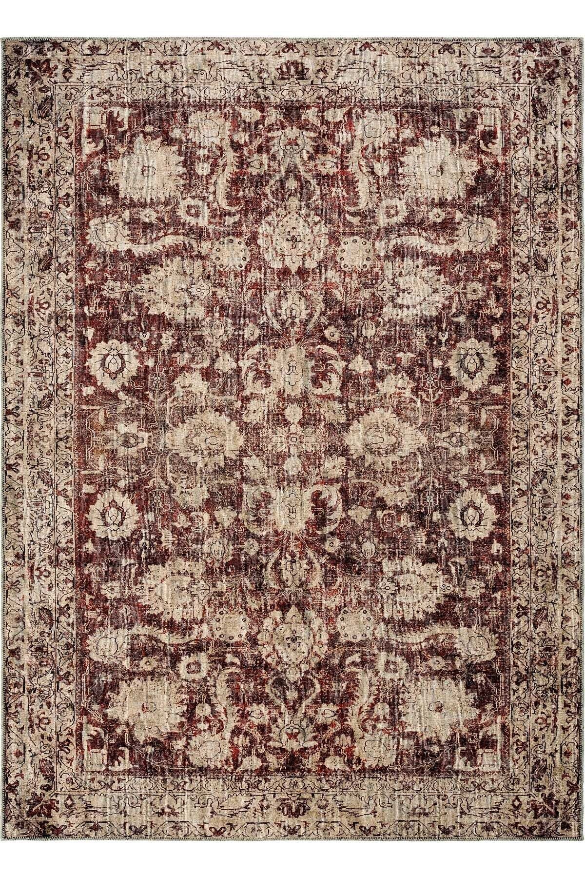 Burgundy Antique Vintage Carpet Ethnic Patterned Authentic Woven Chenille Carpet Washable Living Room Carpet