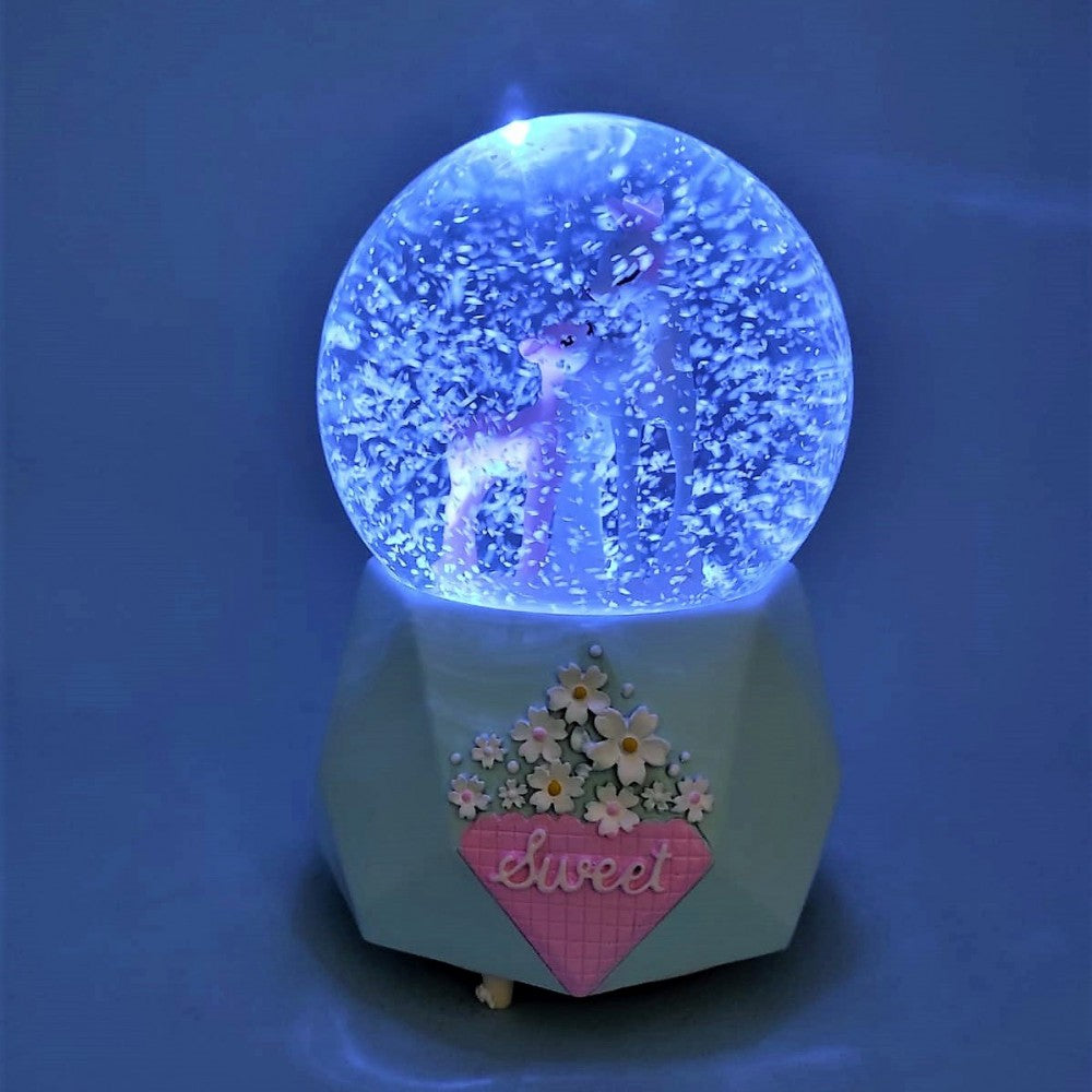 Mother And Baby Deer Large Sized Snow Globe with Light and Musical Spray