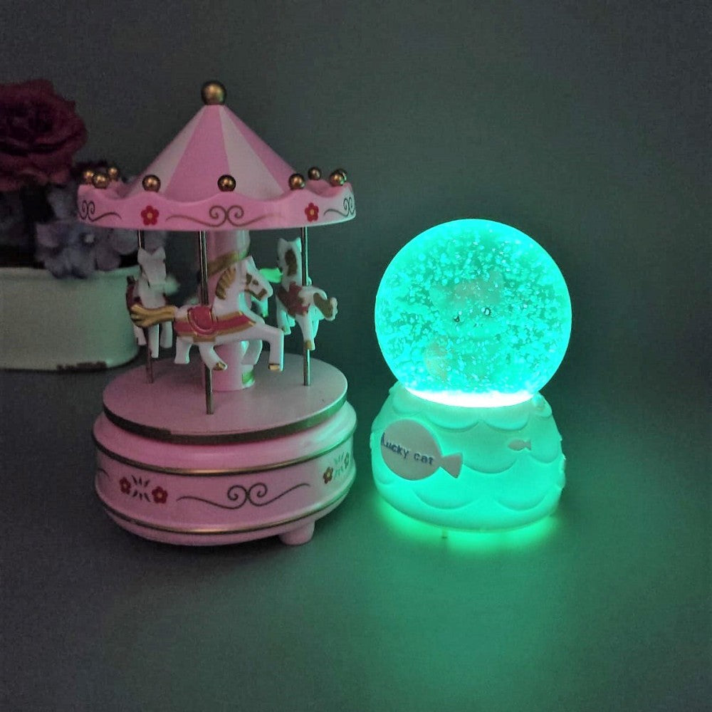 Cute Cat Lighted Musical Medium Size Snow Globe And Carousel Music Box Gift Set