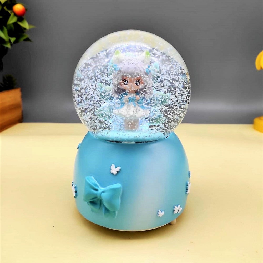 Cute Little White-haired Girl Blue Color Lighting Musical Spray Big Size Snow Globe