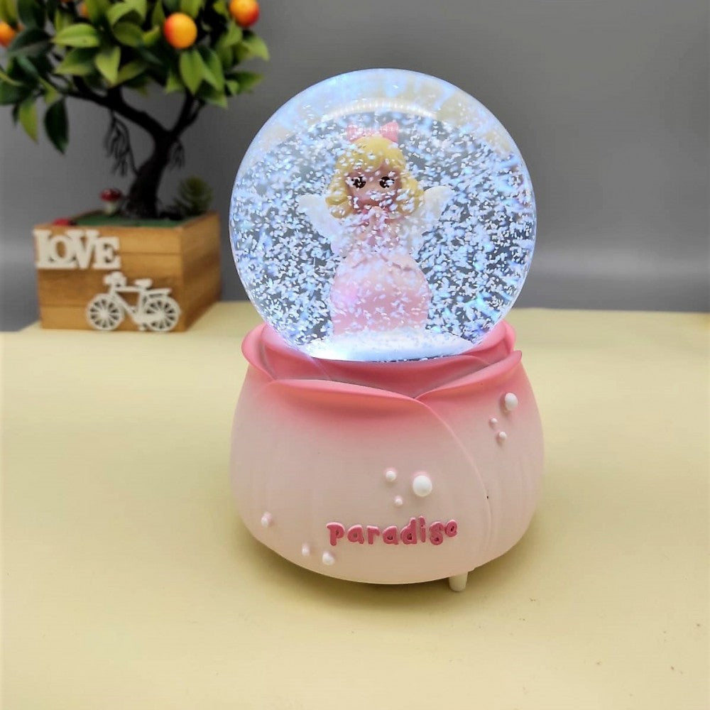Pink Princess With Angel Wings Lighted Musical Spray Big Size Snow Globe