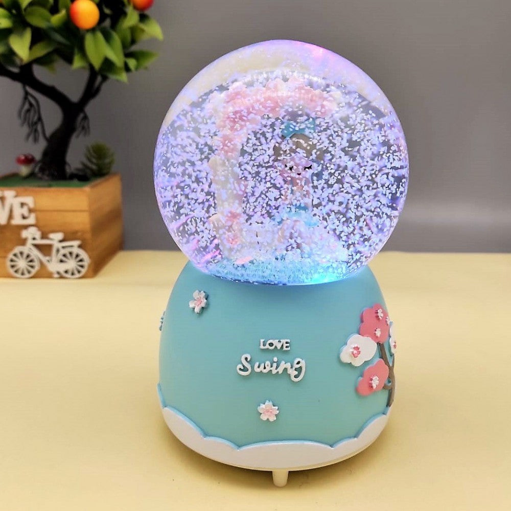 Cute Girl On Love Swing Blue Light Musical Spray Big Size Snow Globe