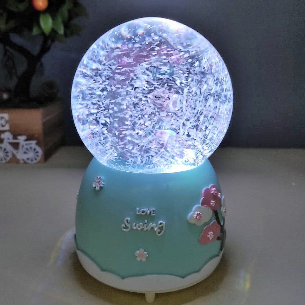 Cute Girl On Love Swing Blue Light Musical Spray Big Size Snow Globe