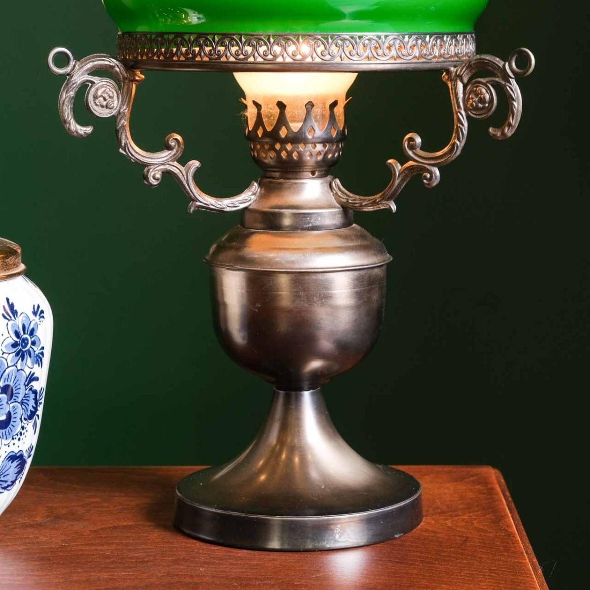 Antique lampshade, French lampshade, very stylish with green opaline glass cap