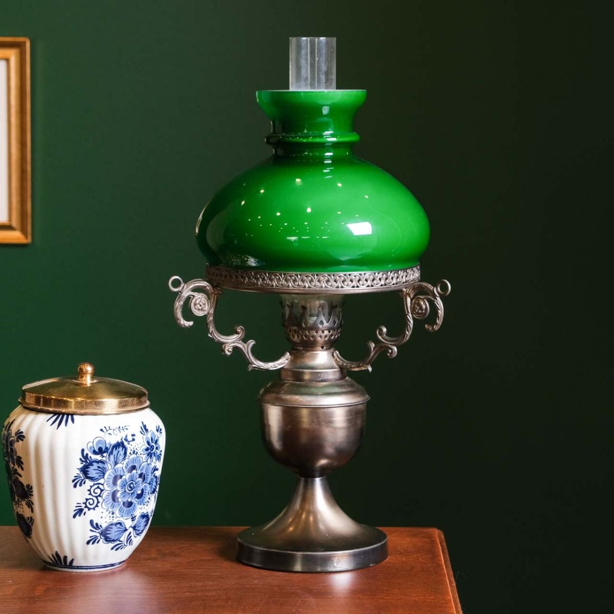 Antique lampshade, French lampshade, very stylish with green opaline glass cap