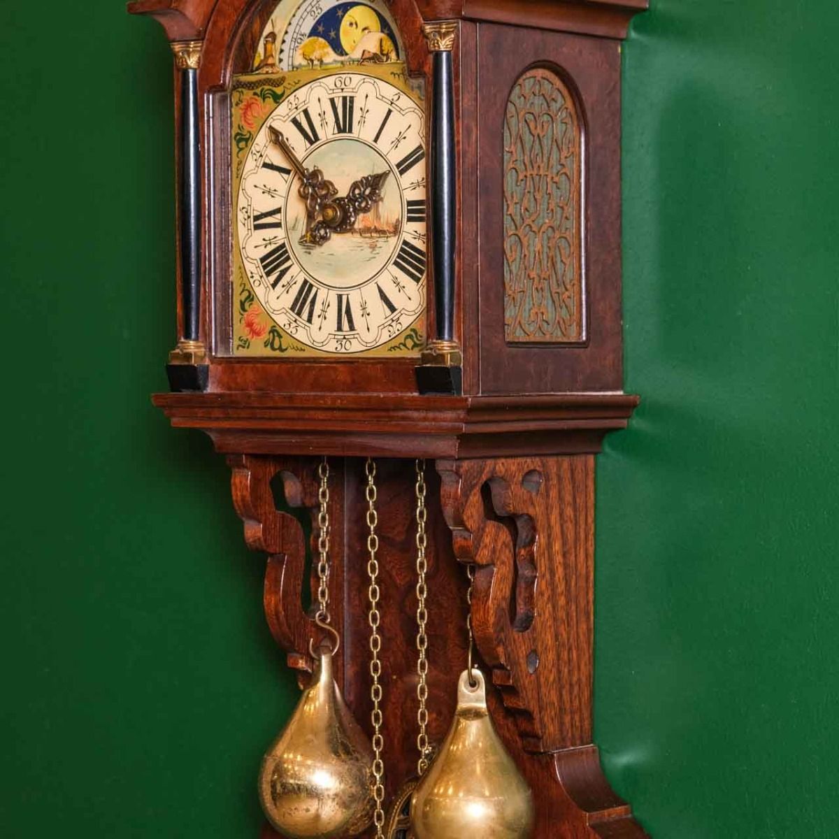 Antique Dutch Clock,Antique Dutch wall clock with lunar calendar and winding chain