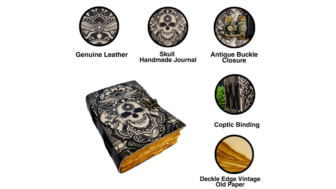 Vintage Leather Journal Skull Journal Blank Spell Book of Shadows Grimoire Journal Handmade Journal The Lovers Gifts for Him Her