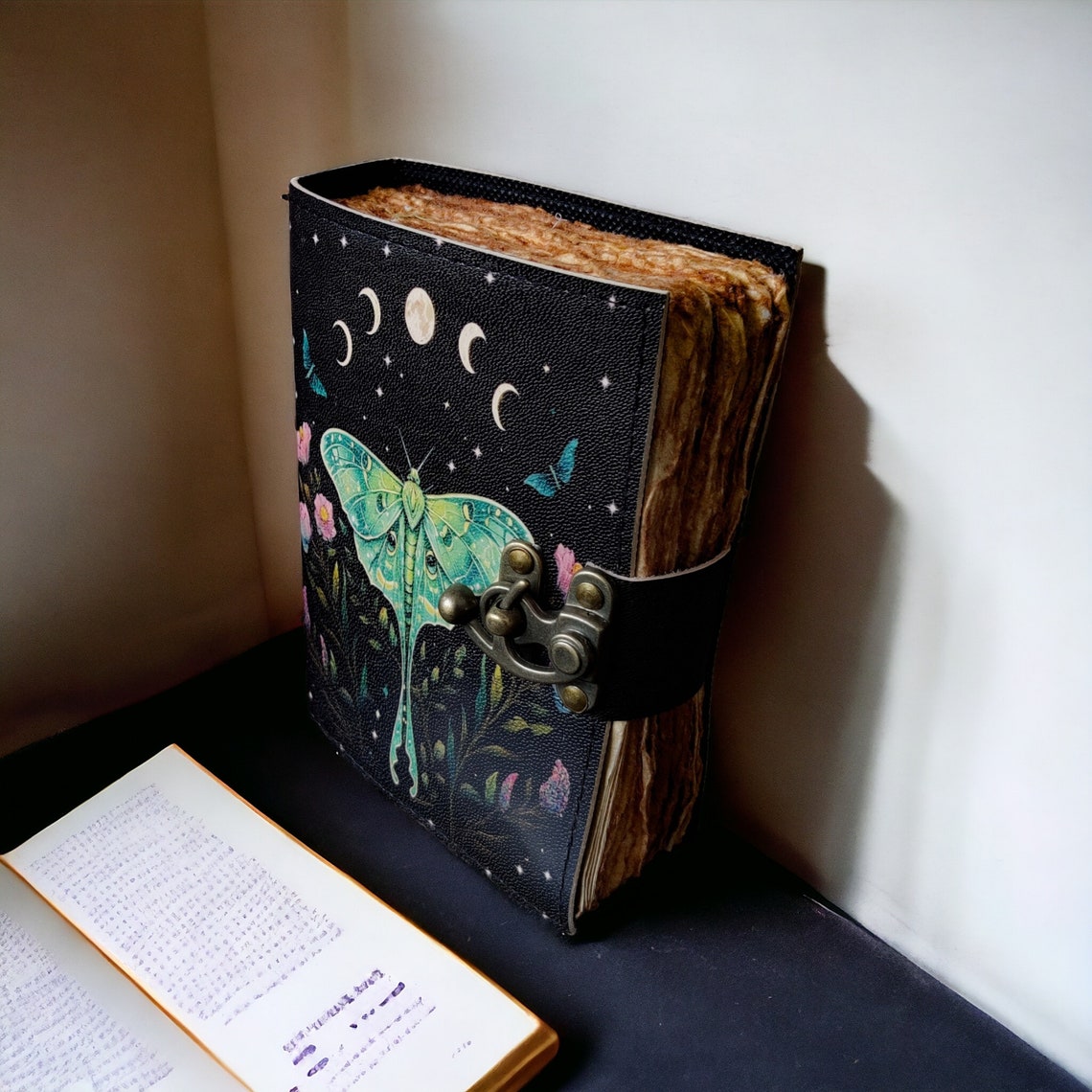 Blank Spell Book of Shadows Luna Moth vintage leather Journal Witchcraft Supplies Moth Decor and Morpho Butterfly best gift for him her