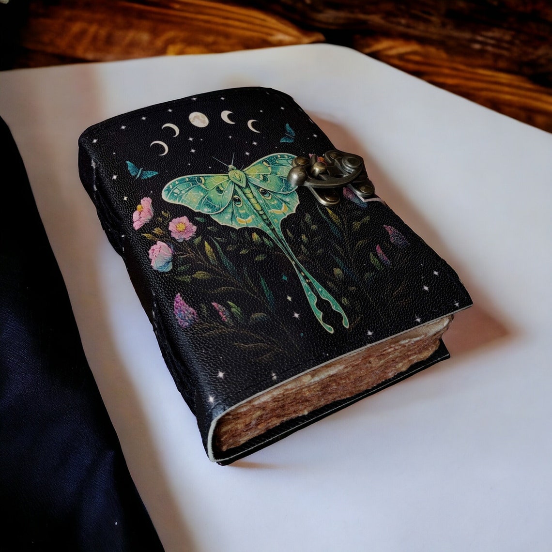 Blank Spell Book of Shadows Luna Moth vintage leather Journal Witchcraft Supplies Moth Decor and Morpho Butterfly best gift for him her