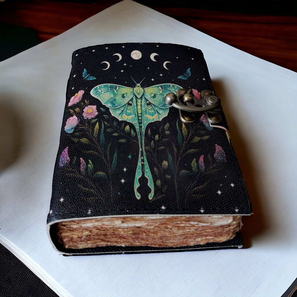 Blank Spell Book of Shadows Luna Moth vintage leather Journal Witchcraft Supplies Moth Decor and Morpho Butterfly best gift for him her