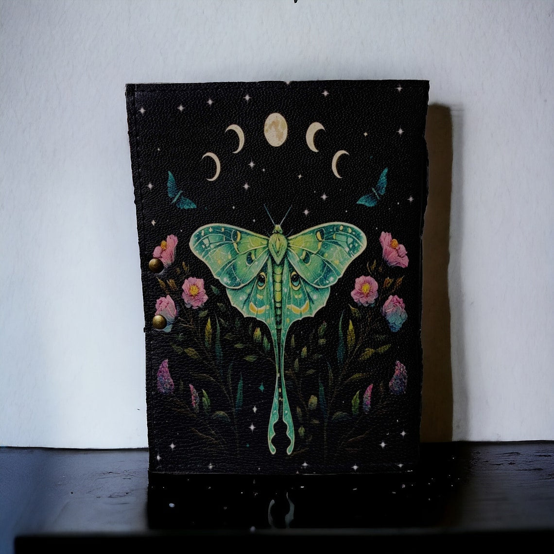 Blank Spell Book of Shadows Luna Moth vintage leather Journal Witchcraft Supplies Moth Decor and Morpho Butterfly best gift for him her