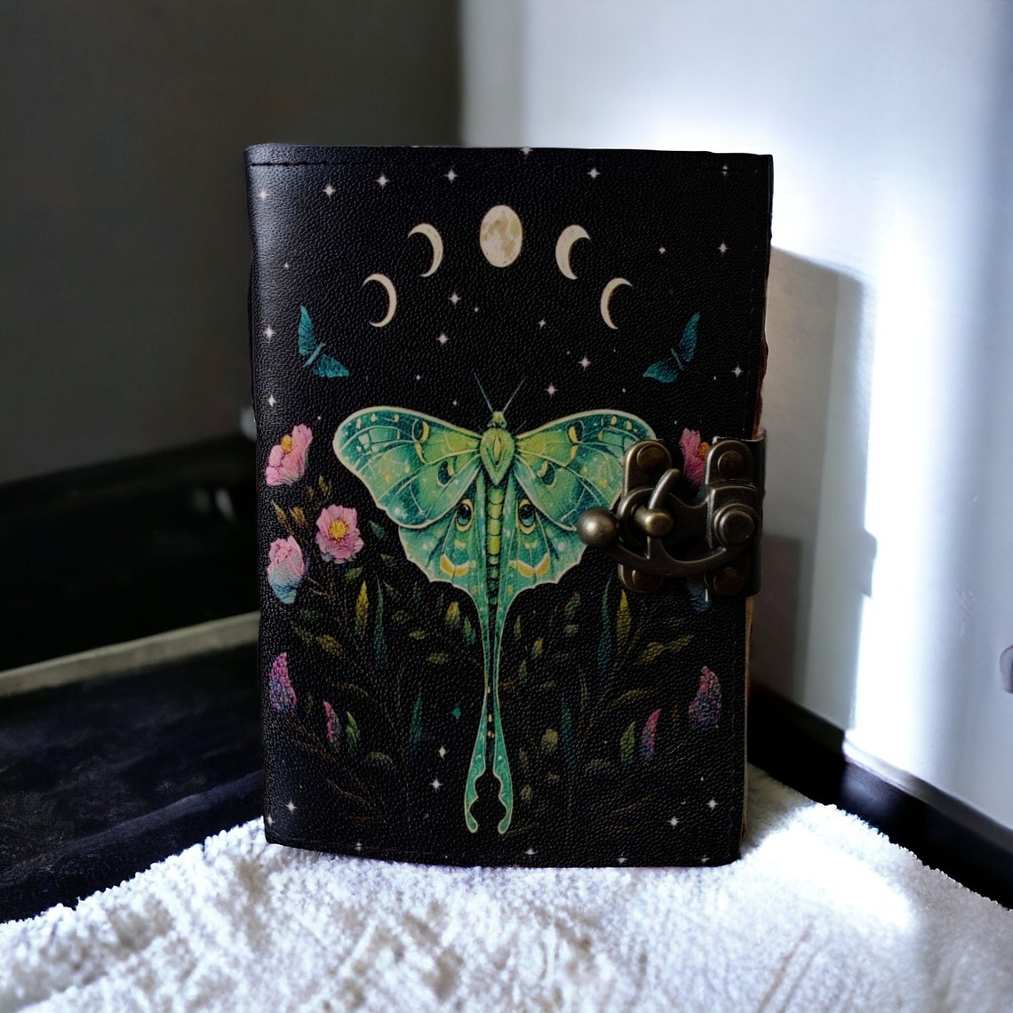 Blank Spell Book of Shadows Luna Moth vintage leather Journal Witchcraft Supplies Moth Decor and Morpho Butterfly best gift for him her