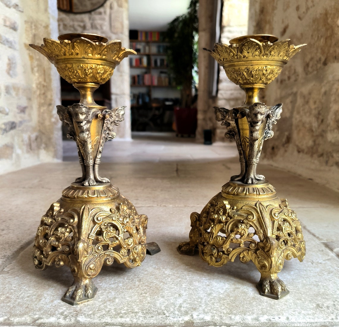 Glorious pair of rare, antique, French, handmade, cast bronze, Ecclesiastical, altar candlesticks. Circa late 1800's / early 1900's