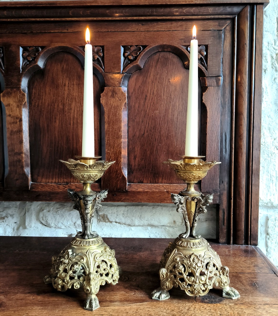 Glorious pair of rare, antique, French, handmade, cast bronze, Ecclesiastical, altar candlesticks. Circa late 1800's / early 1900's