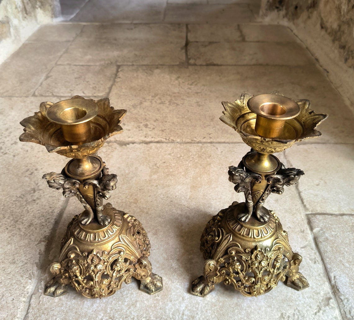 Glorious pair of rare, antique, French, handmade, cast bronze, Ecclesiastical, altar candlesticks. Circa late 1800's / early 1900's