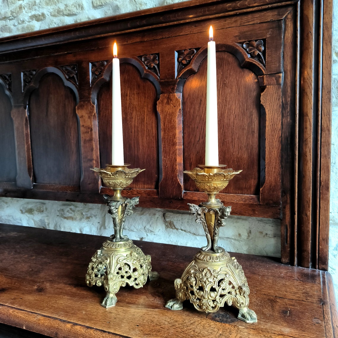 Glorious pair of rare, antique, French, handmade, cast bronze, Ecclesiastical, altar candlesticks. Circa late 1800's / early 1900's