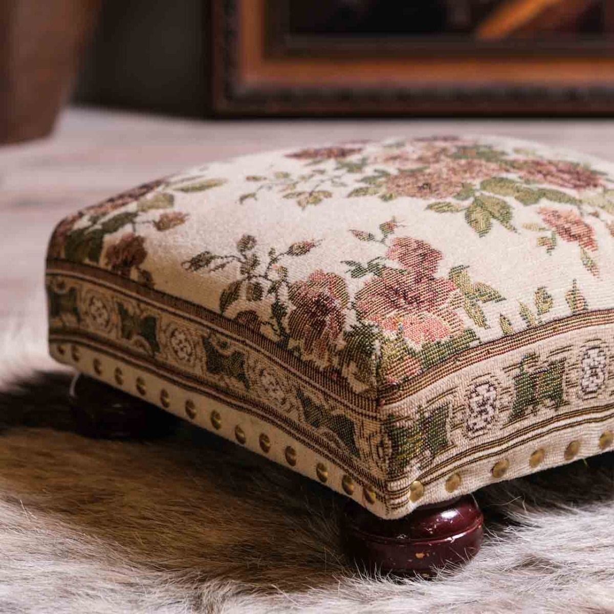 Mini Tapestry Pouf,Tapestry Vintage,Antique handmade mini tapestry foot pouf from France