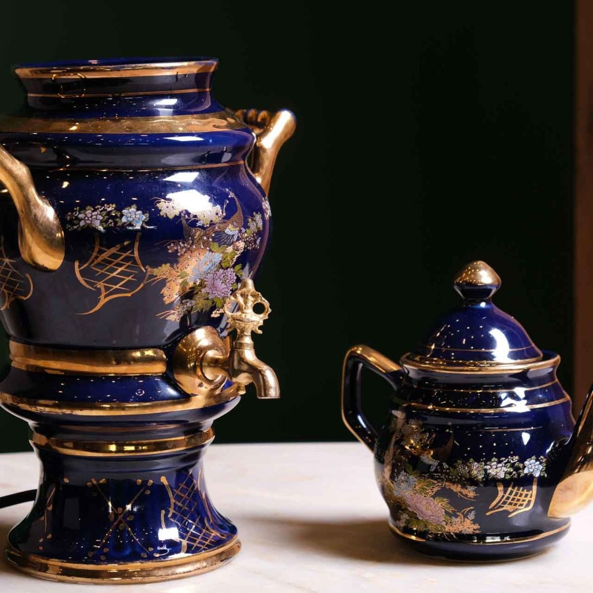 Porcelain Samovar , Blue Works Antique Samovar, Teapot Original vintage
