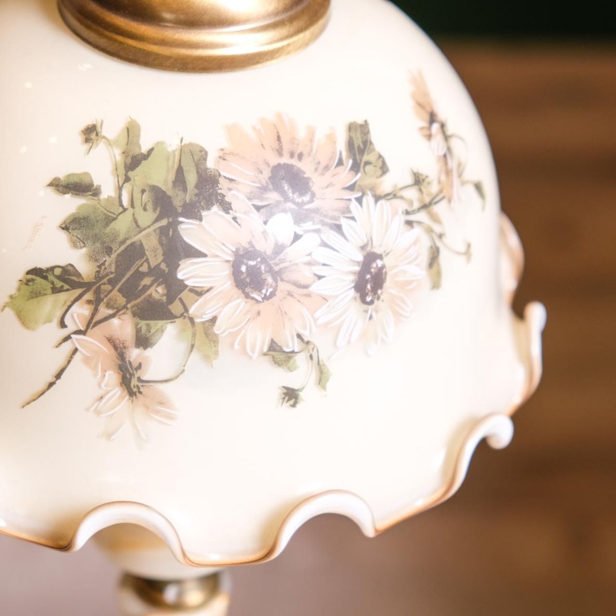 Vintage Lampshade, wooden pedestal and marble body lampshade.Floral patterned glass cap