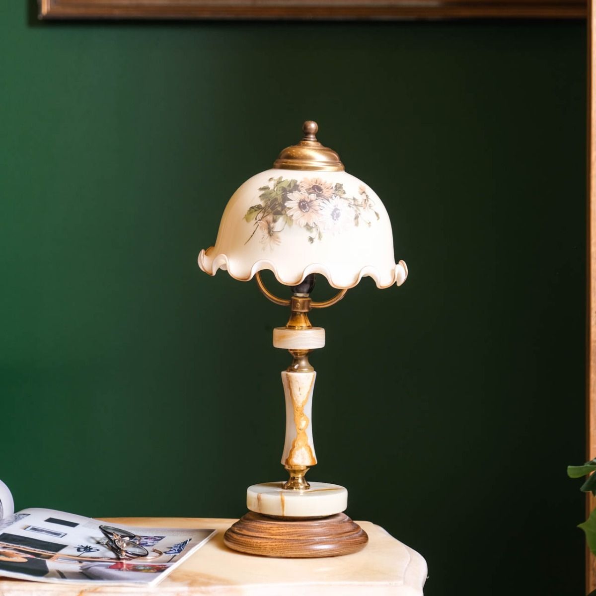Vintage Lampshade, wooden pedestal and marble body lampshade.Floral patterned glass cap