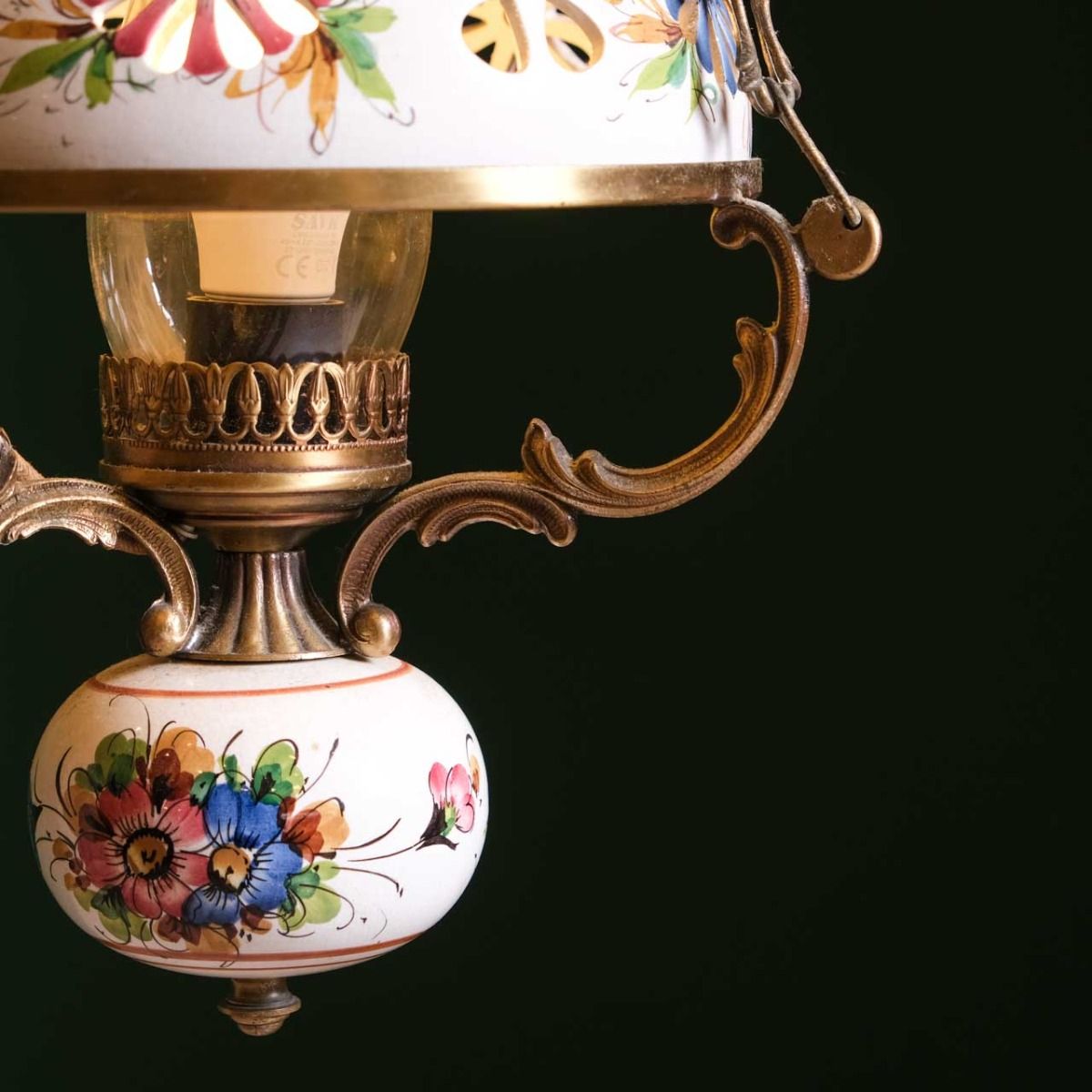 Vintage Ceramic Chandelier, French chandelier with brass and ceramic ornaments