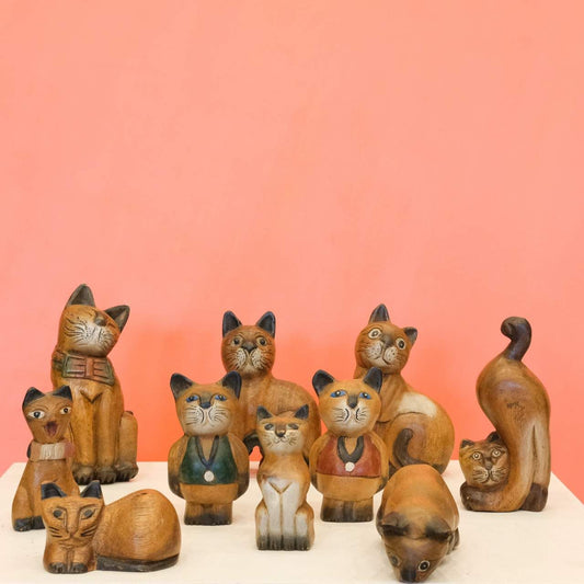 Wooden Cat Figurines Set (10 Pieces)