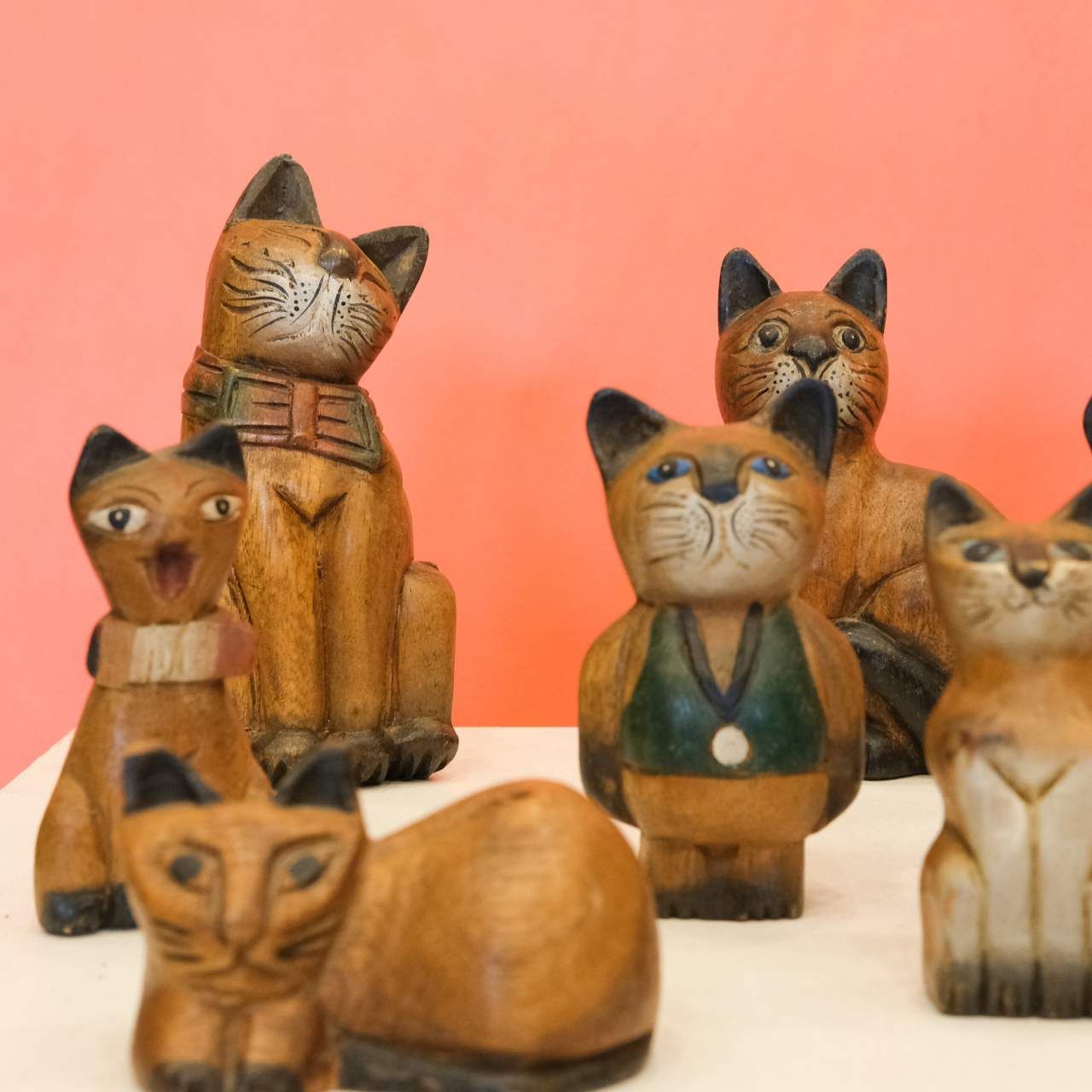 Wooden Cat Figurines Set (10 Pieces)