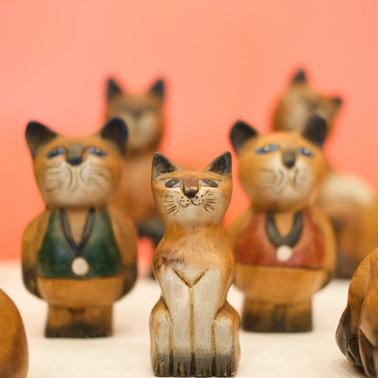 Wooden Cat Figurines Set (10 Pieces)