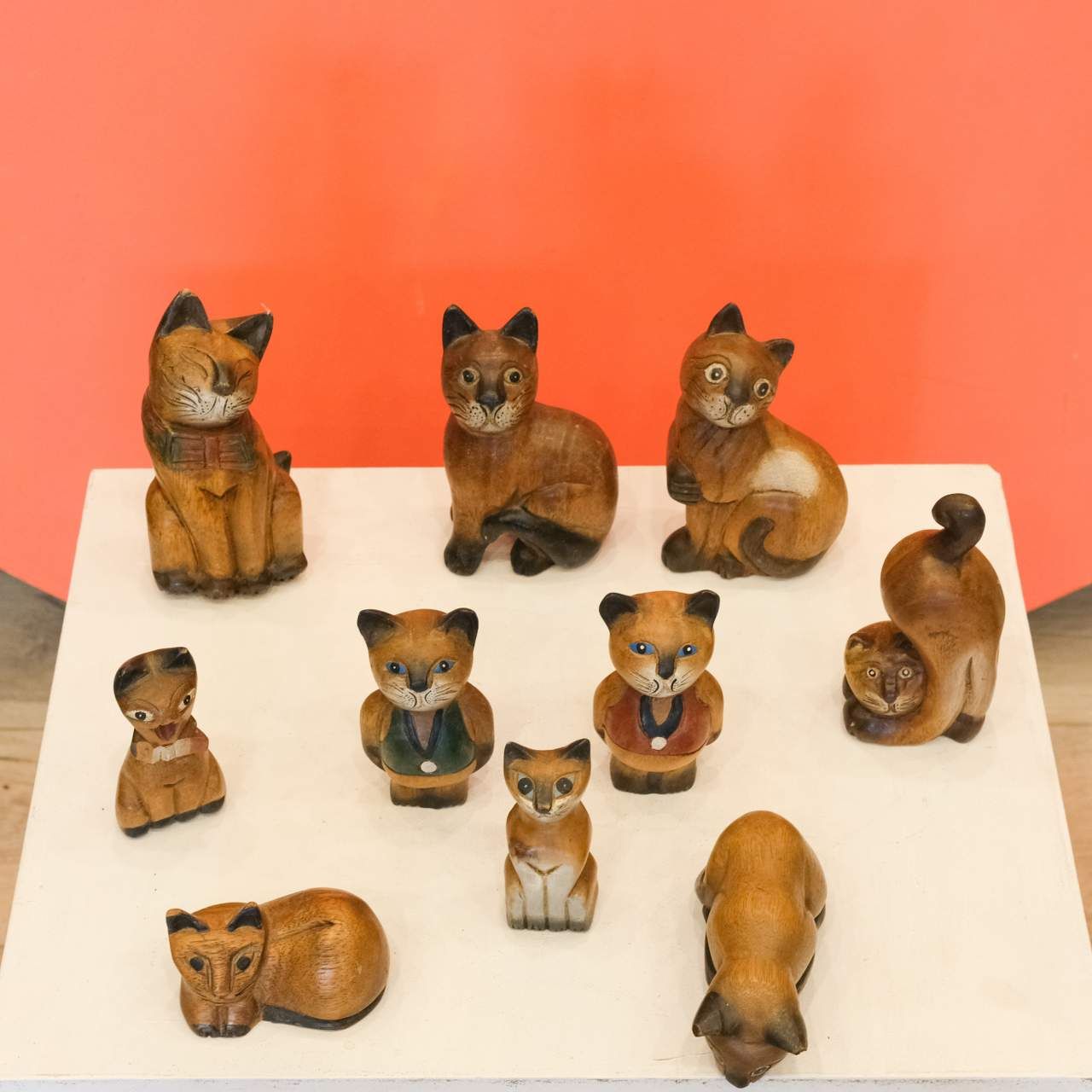 Wooden Cat Figurines Set (10 Pieces)
